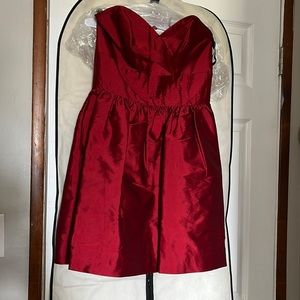 Red satin strapless mini dress